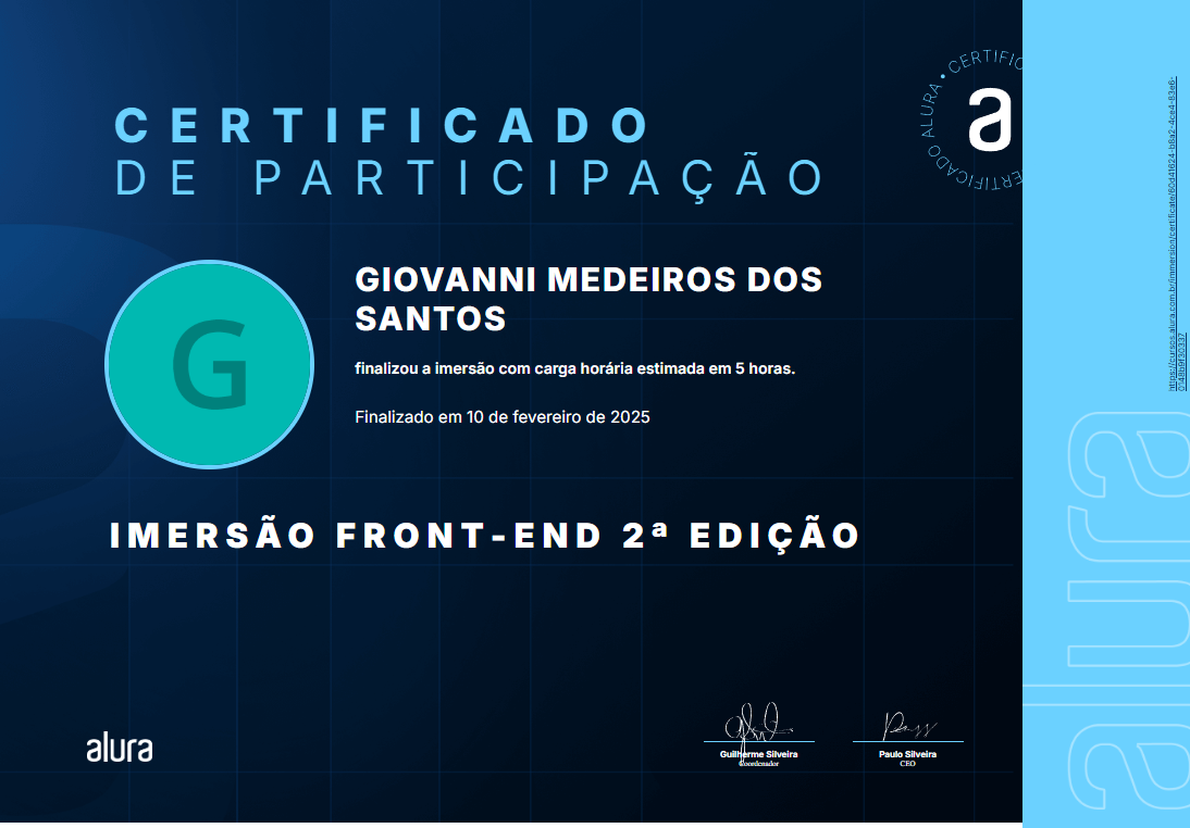 Certificado Imersão Front-End 2º Edição