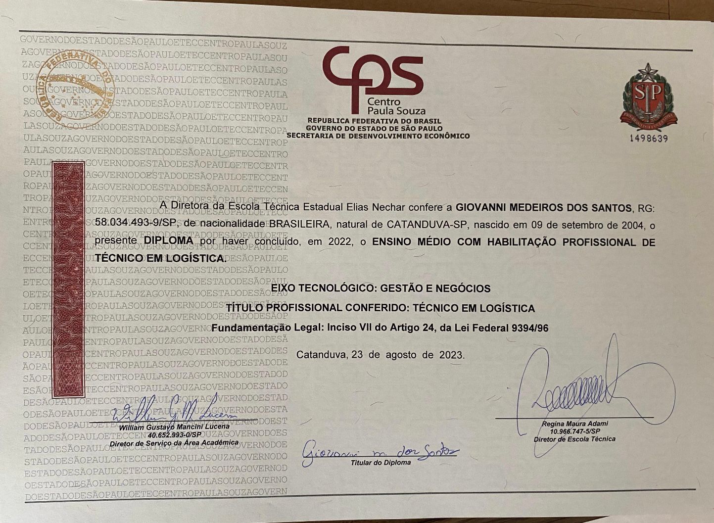 Certificado de conclusão de curso técnico em logística